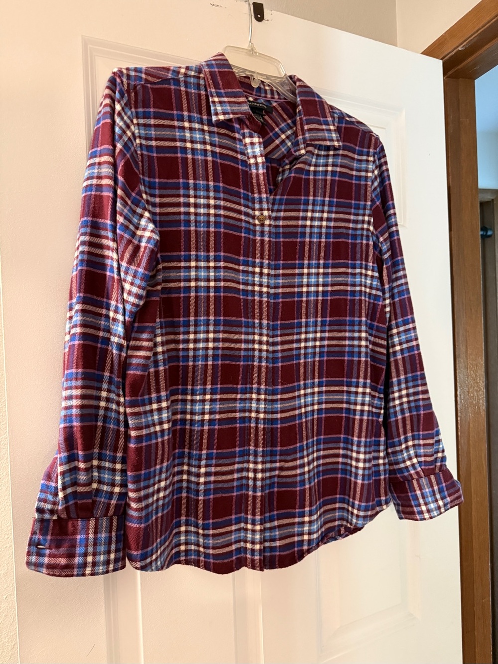 Lands' End Burgundy and Blue Plaid Button-Down Shirt